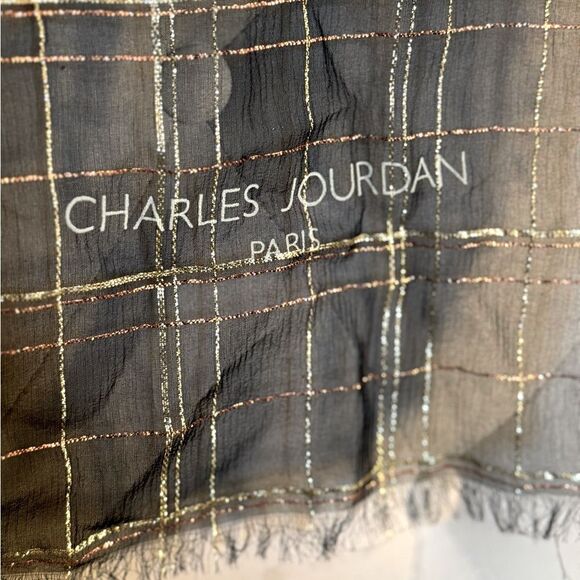 CHARLES JOURDAN Paris Black Gold Bronze Metallic Plaid Silk Fringe Square Scarf - Picture 3 of 3